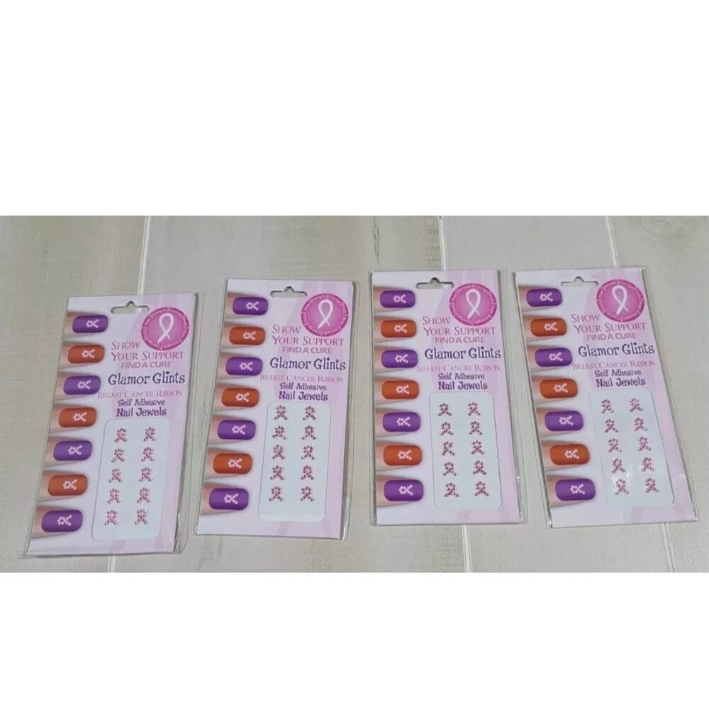 Set of 4 Breast Cancer Awareness Pink Ribbon Nail Art Jewels Glamor Glints